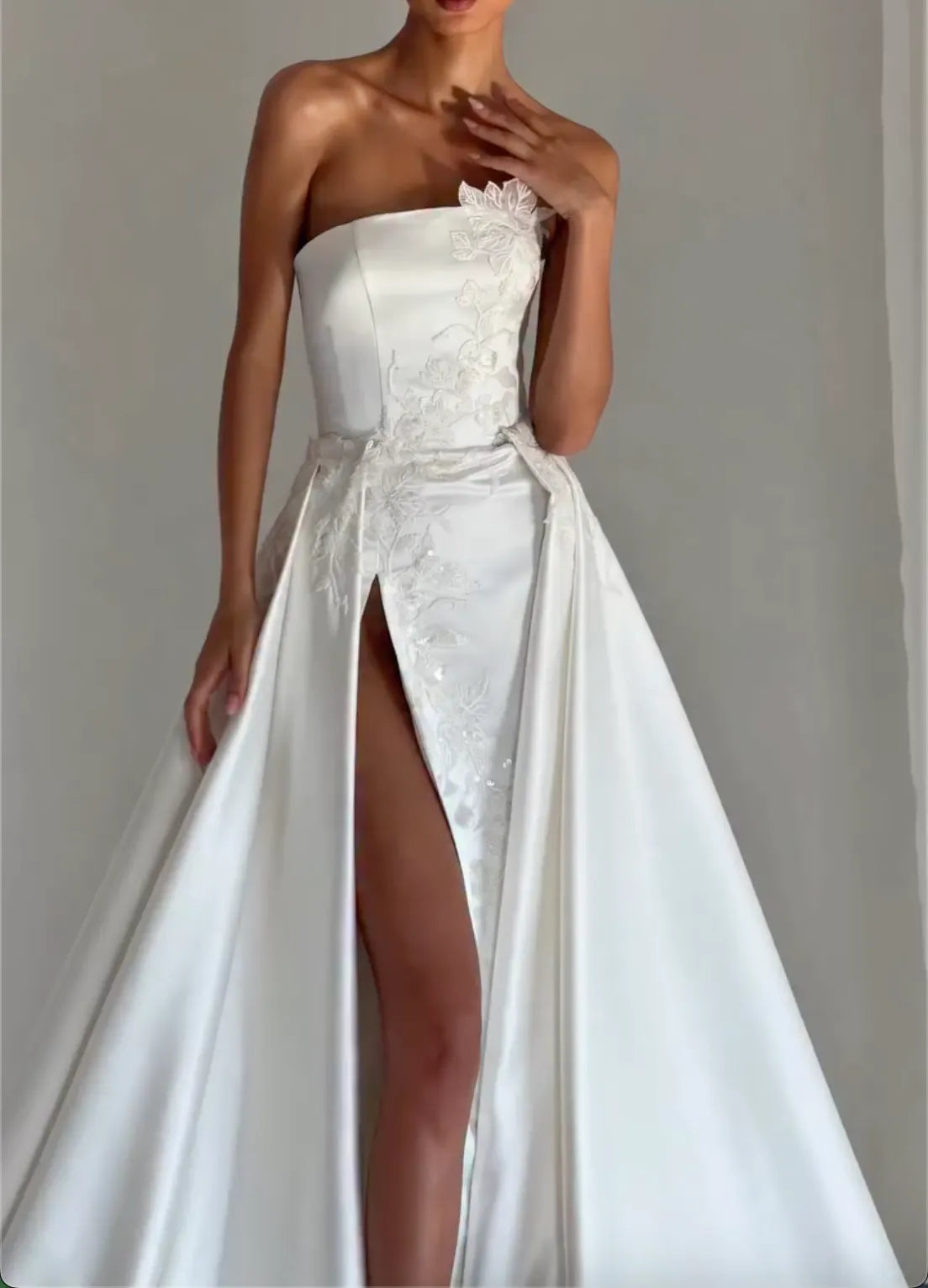 White Strapless Satin Wedding Gown - Floral Lace Applique with Detachable Overskirt & Slit Formal Dress
