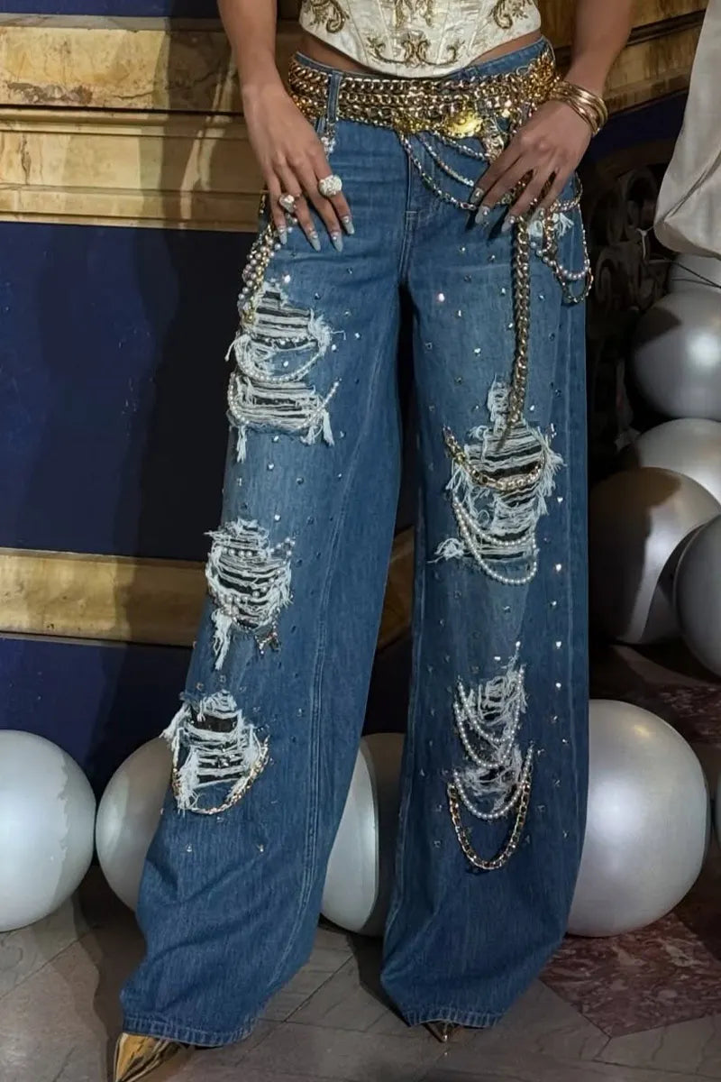 Women High Waist Heavy Rhinestone Studded Distressed Ripped Chain Decor Wide Leg Loose Denim Jeans