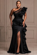 Tulle Black Oblique Collar Ruffle Split Satin Maxi Dresses [Pre-Order]