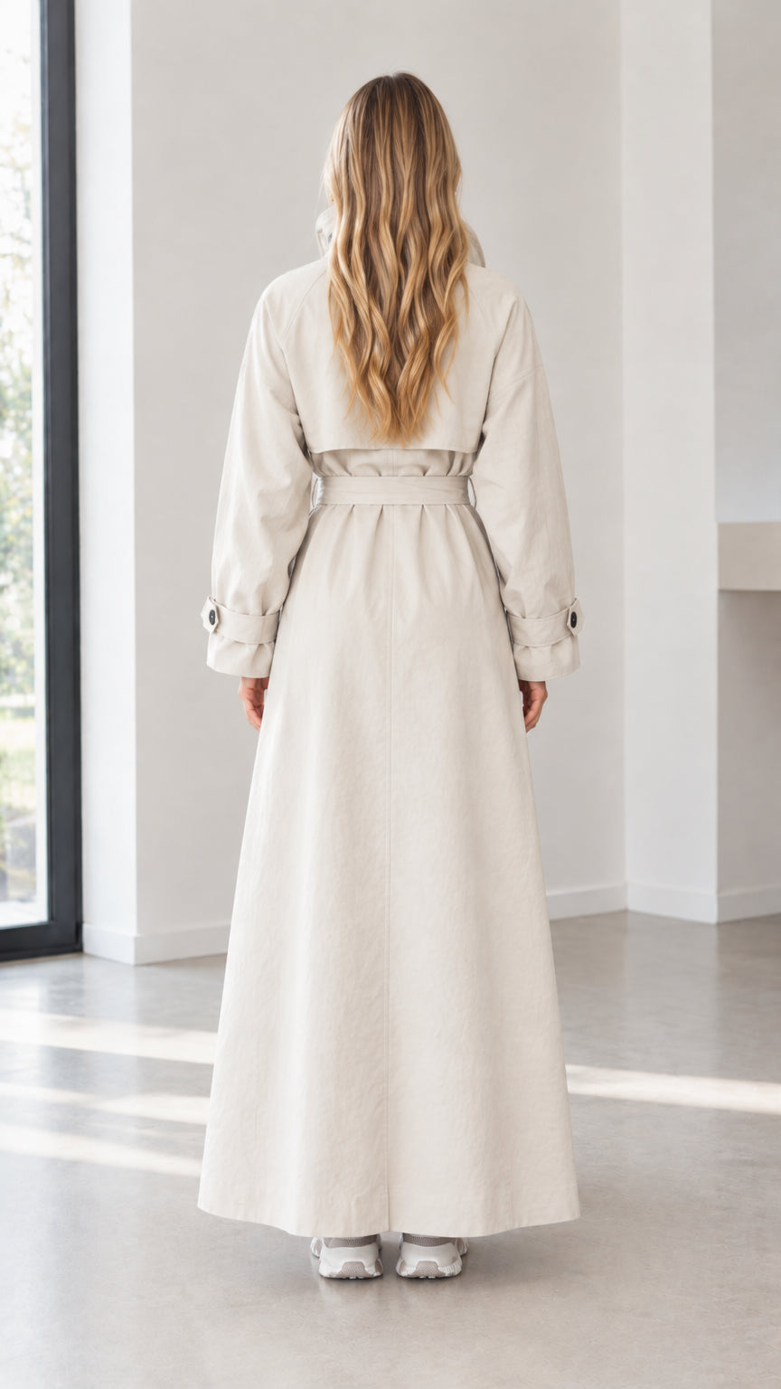 Women's High Neck Belted Maxi Trench Coat with Storm Flap