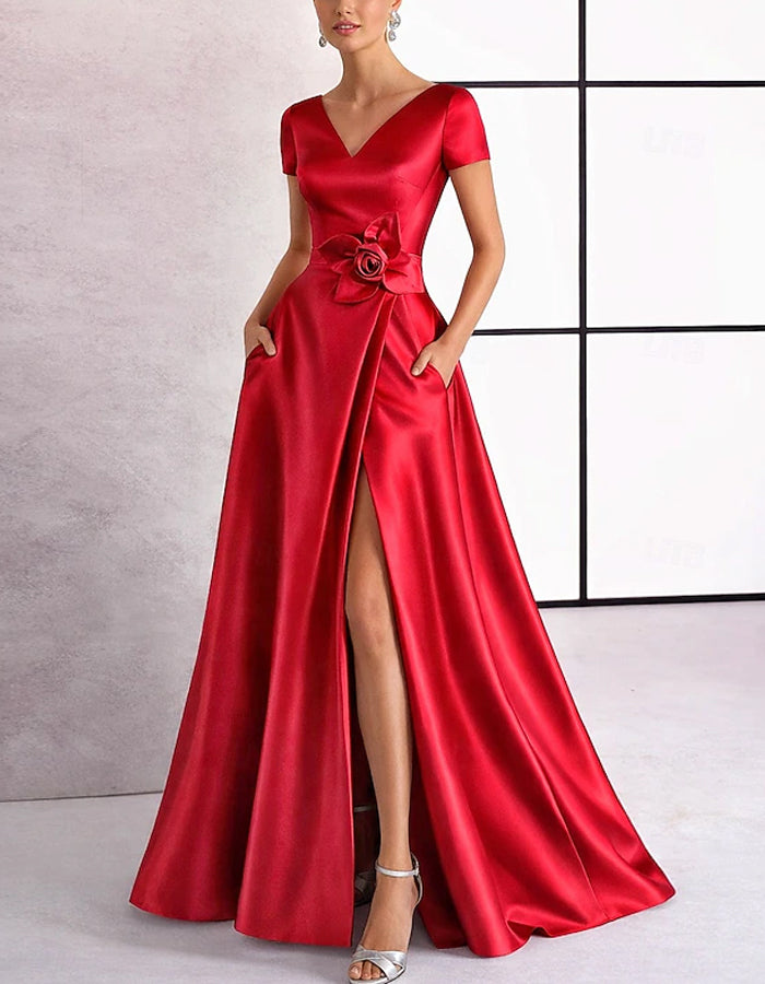 Solid Color Satin 3D Floral Embellishment V-Neck With Slit Maxi Dress