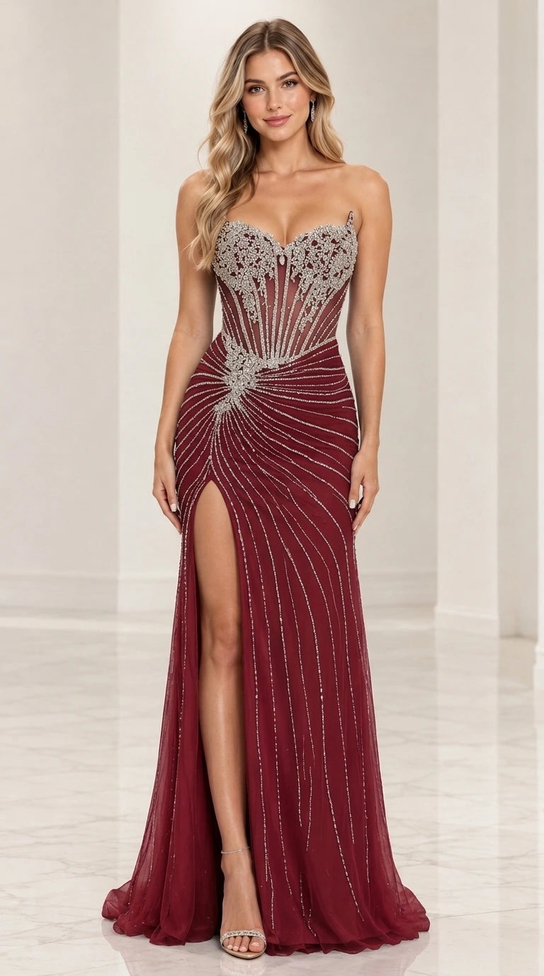 Beaded Corset Illusion Bodice Evening Gown with Thigh Slit