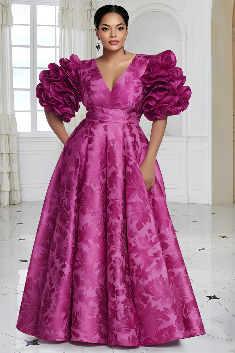 Hot Pink V Neck Puff Sleeve Short Sleeve Ruffle Pocket Satin Maxi Dresses