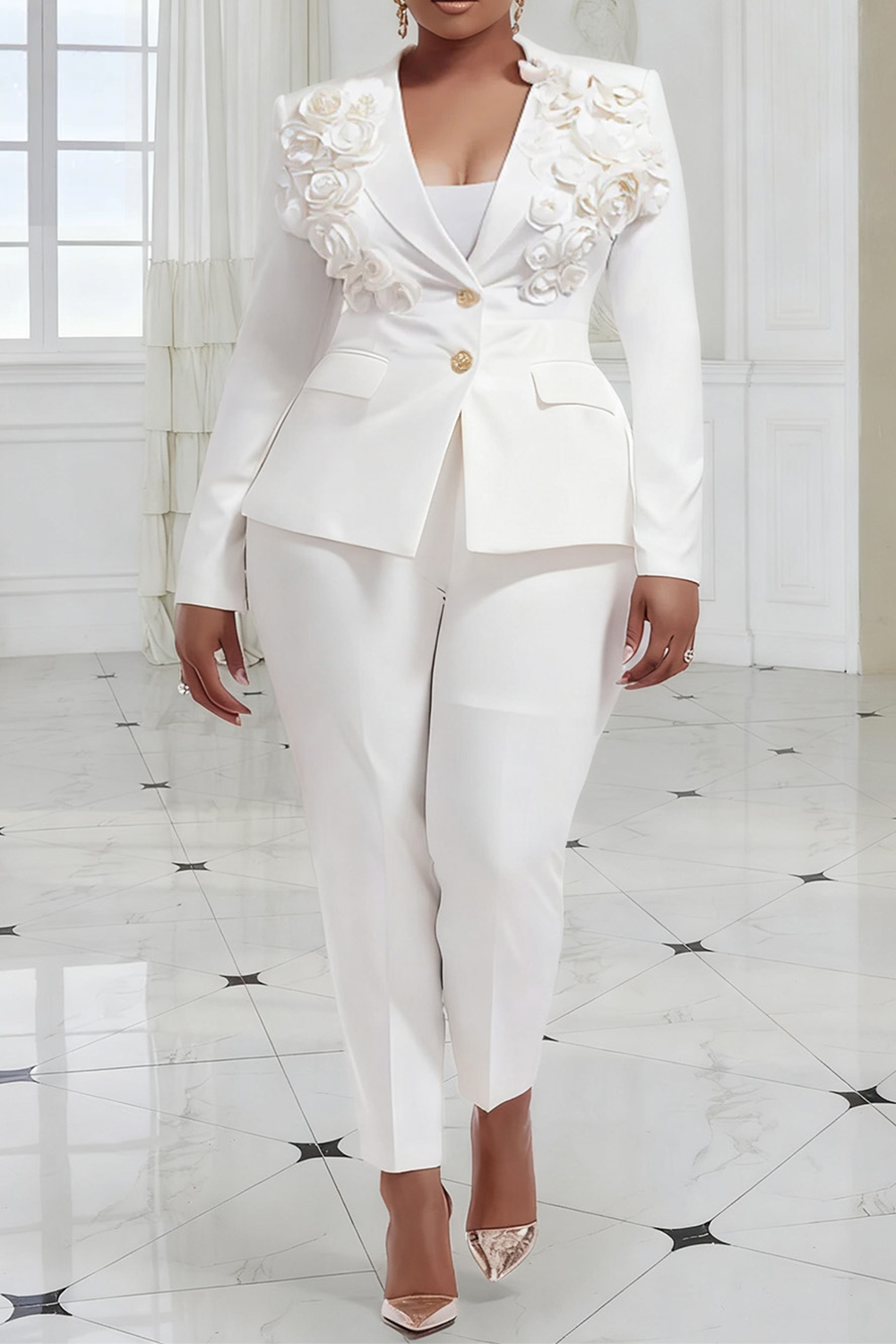 White Turndown Collar Long Sleeve 3D Elegant Pocket Two Piece Pant Suits