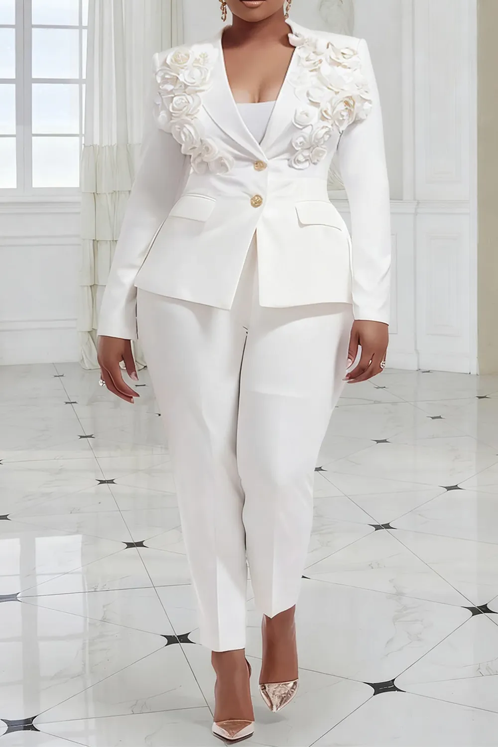 White Turndown Collar Long Sleeve 3D Elegant Pocket Two Piece Pant Suits
