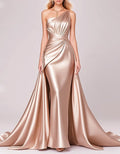 Solid One Shoulder Stretch Satin Pleated Maxi Dress