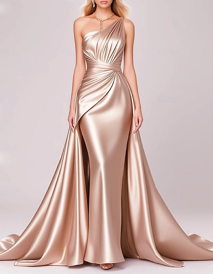Solid One Shoulder Stretch Satin Pleated Maxi Dress