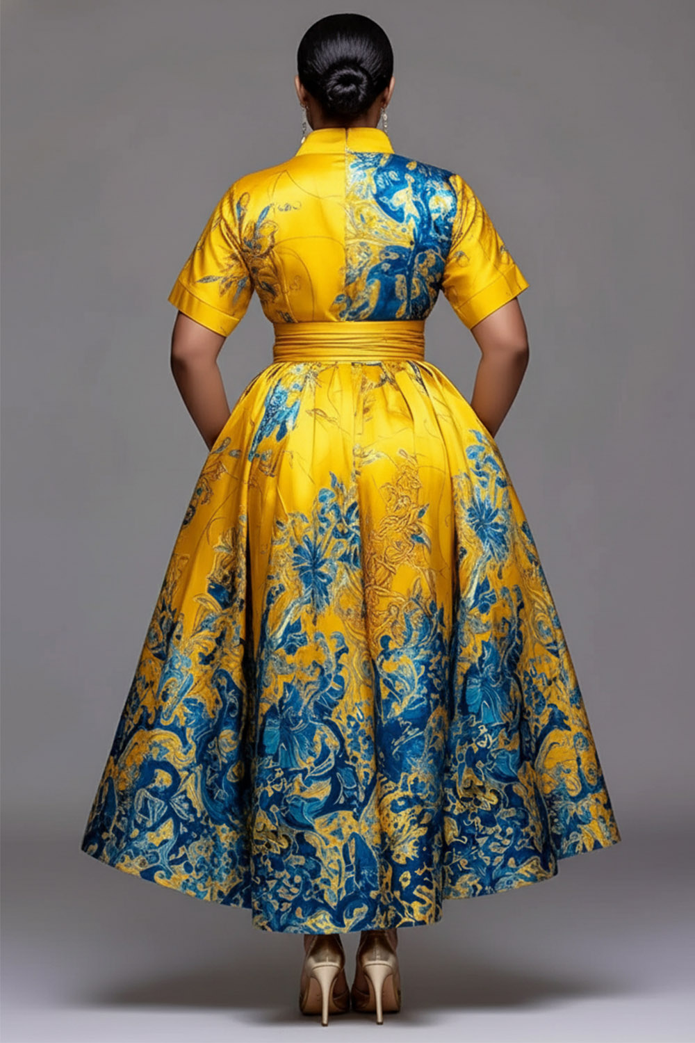 Yellow All Over Print Stand-Up Collar Short Sleeve Wrap Pocket Satin Midi Dresses