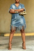 Women's Casual Fringe Washed Hem Loose Denim Dress
