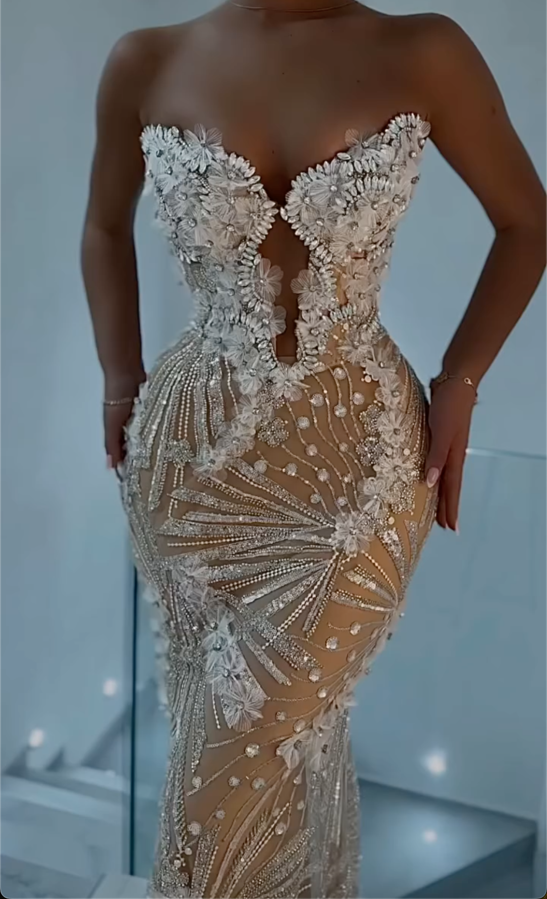 Silver Nude Strapless Floral Beaded Mermaid Maxi Dress