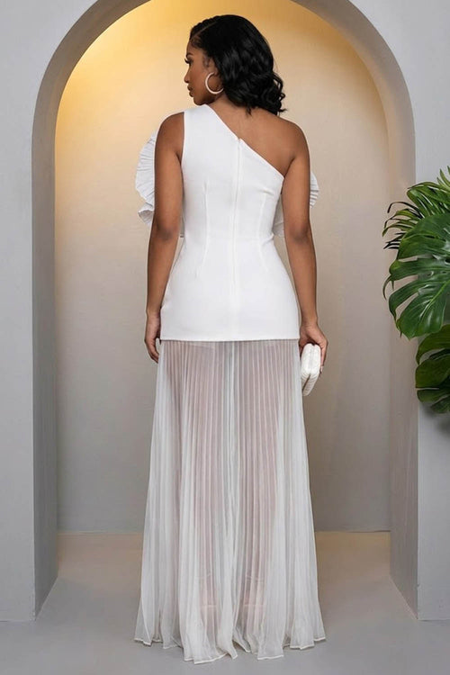 3D Floral One Shoulder Pleated Mesh Maxi Dresses-White [Pre Order]