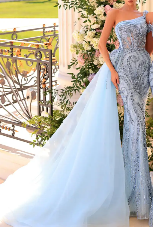 Light Blue One-Shoulder Embellished Mermaid Gown with Overskirt Train