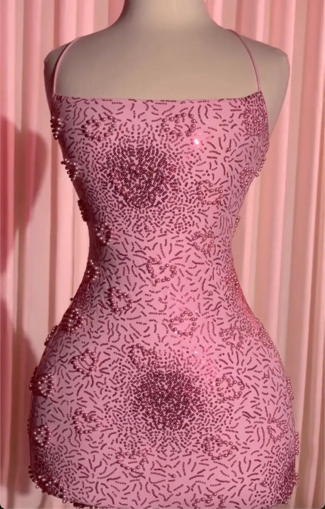 Pink Ombre Beaded Halter Neck Mini Dress - Formal Party Gown