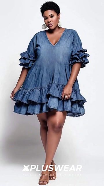 Xpluswear Design Plus Size Party Elegant Blue V Neck Short Sleeve Ruffle Tiered Tencel Denim Mini Dresses