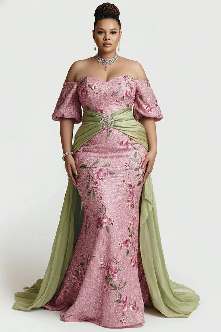 Organza Pink Floral Off The Shoulder Short Sleeve With Skirt Overlay Satin Maxi Dresses