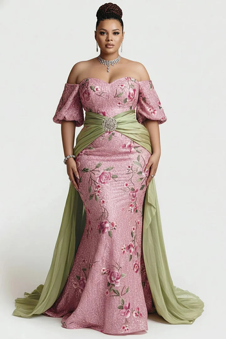 Organza Pink Floral Off The Shoulder Short Sleeve With Skirt Overlay Satin Maxi Dresses