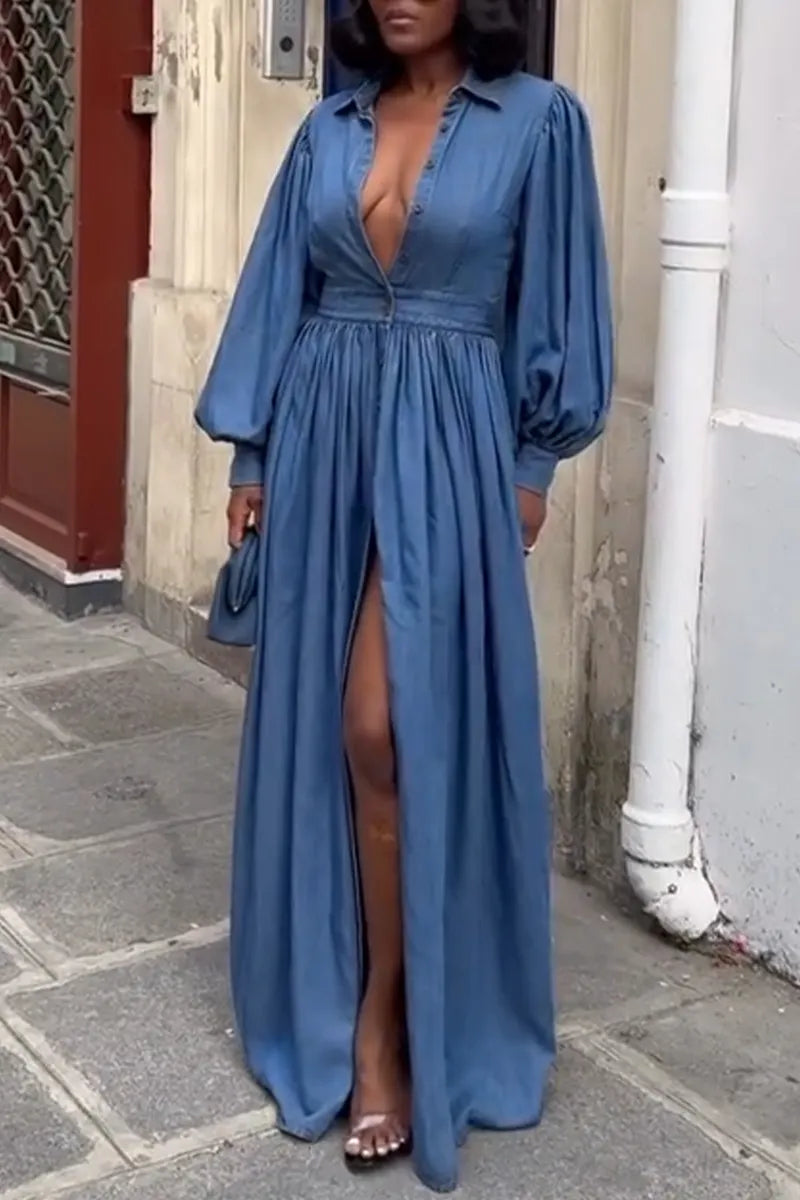 Women's Collar Splicing Waist Cinching Slit Elegant Casual Denim Dress