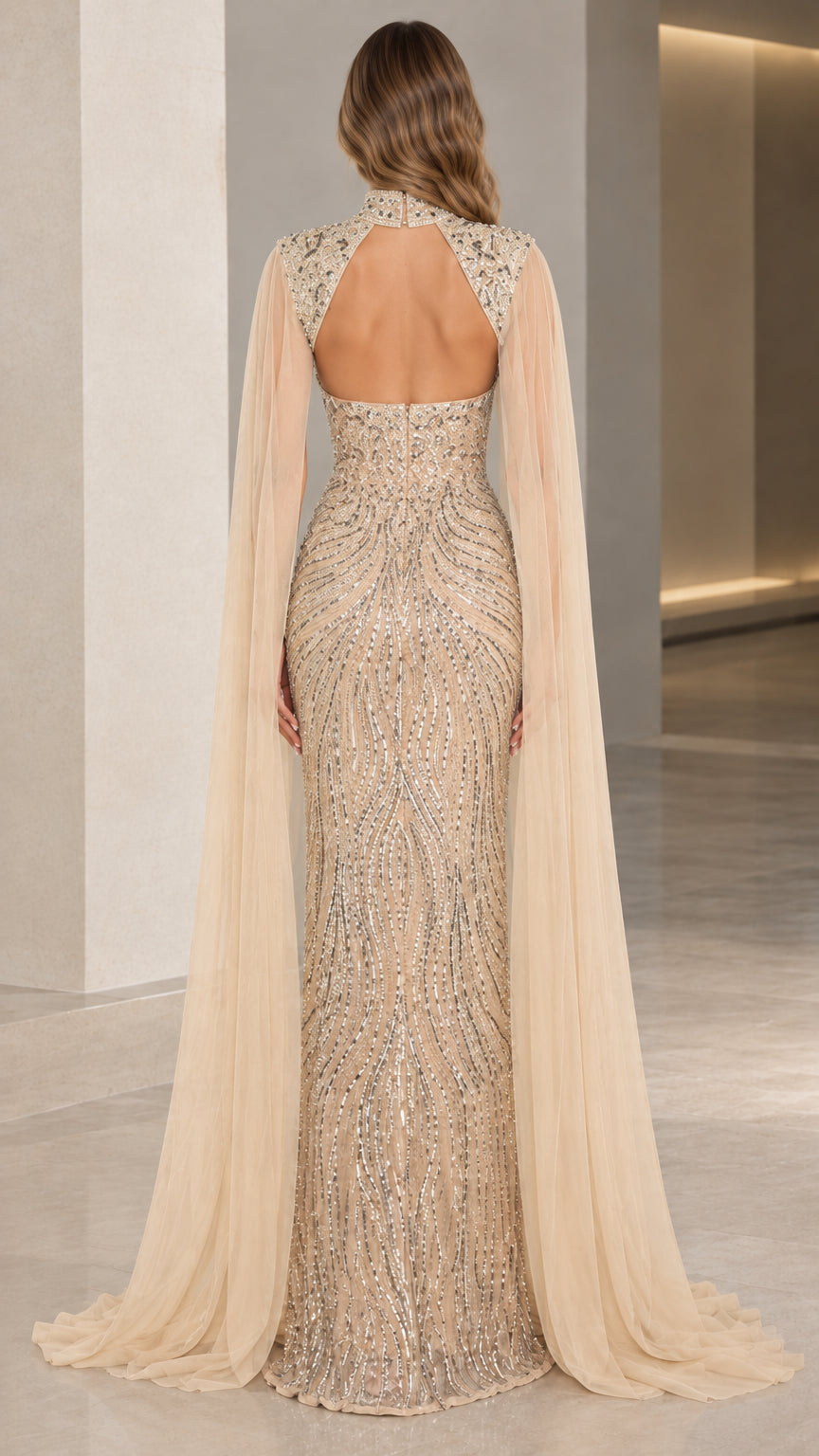 Sequined Sweetheart Evening Gown with Sheer Floor-Length Cape