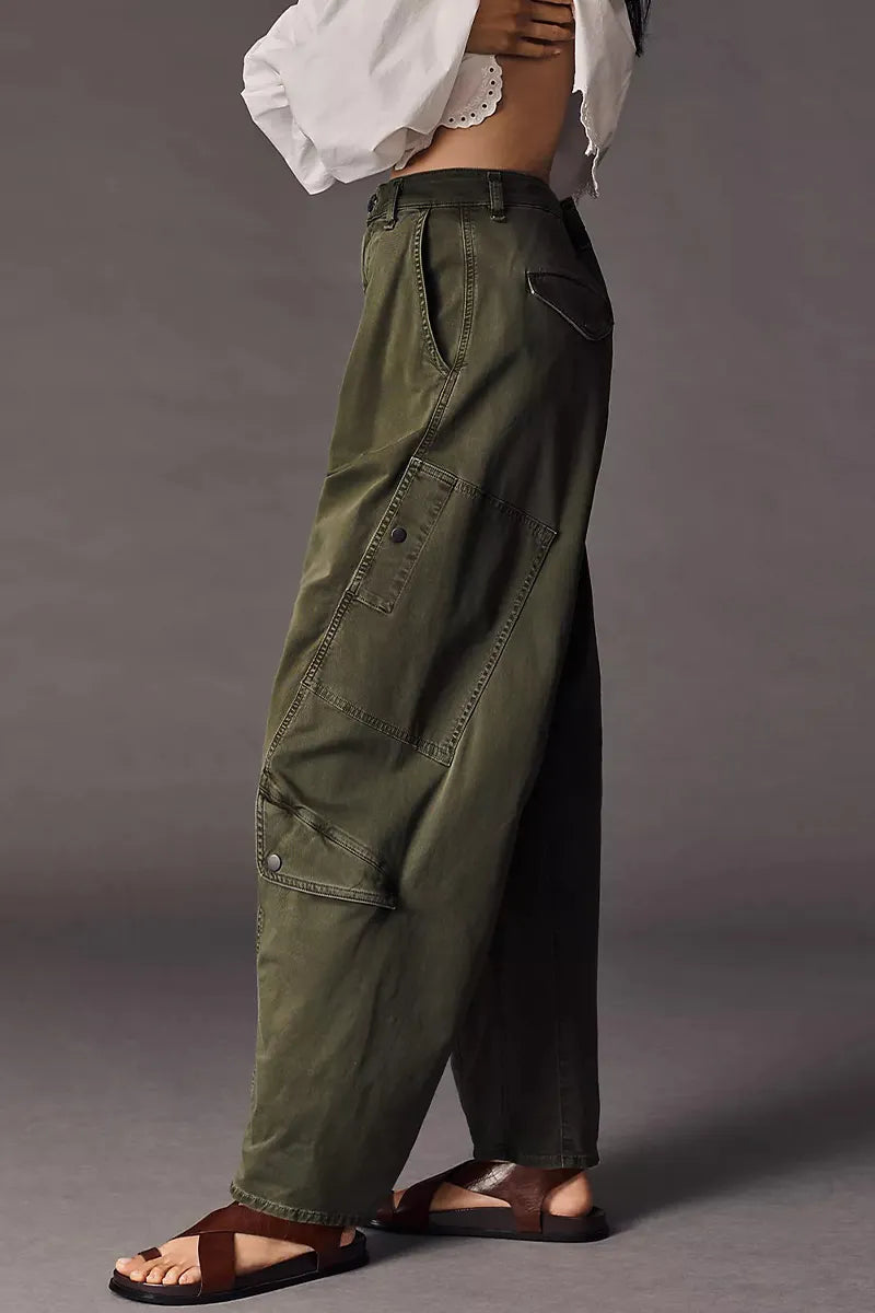 Women High Waist Pleated Front Side Flap Cargo Pocket Straight Leg Washed Olive Green Utility Pants