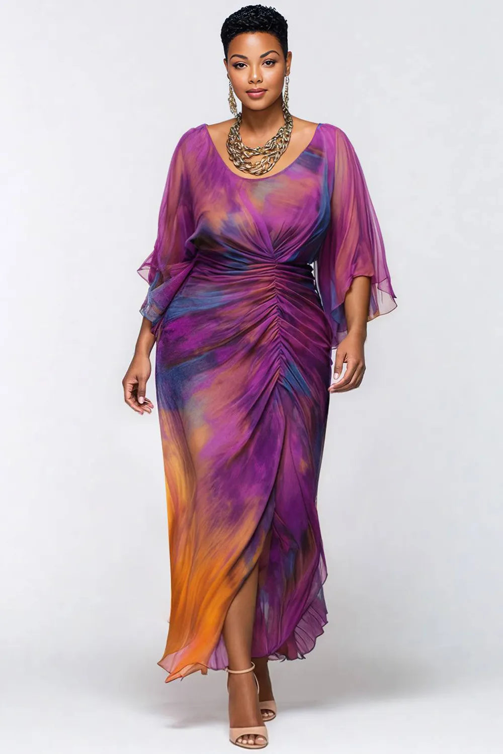 Cocktail Party Purple Tie Dye Round Neck Flare 3/4 Sleeve Ruched Chiffon Maxi Dresses
