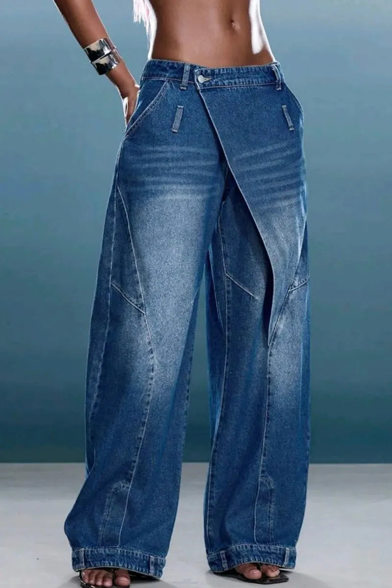 Women High Waist Wrap Over Denim Pants Relaxed Barrel Leg Cuffed Hem Jeans