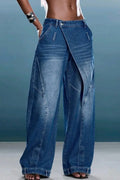 Women High Waist Wrap Over Denim Pants Relaxed Barrel Leg Cuffed Hem Jeans