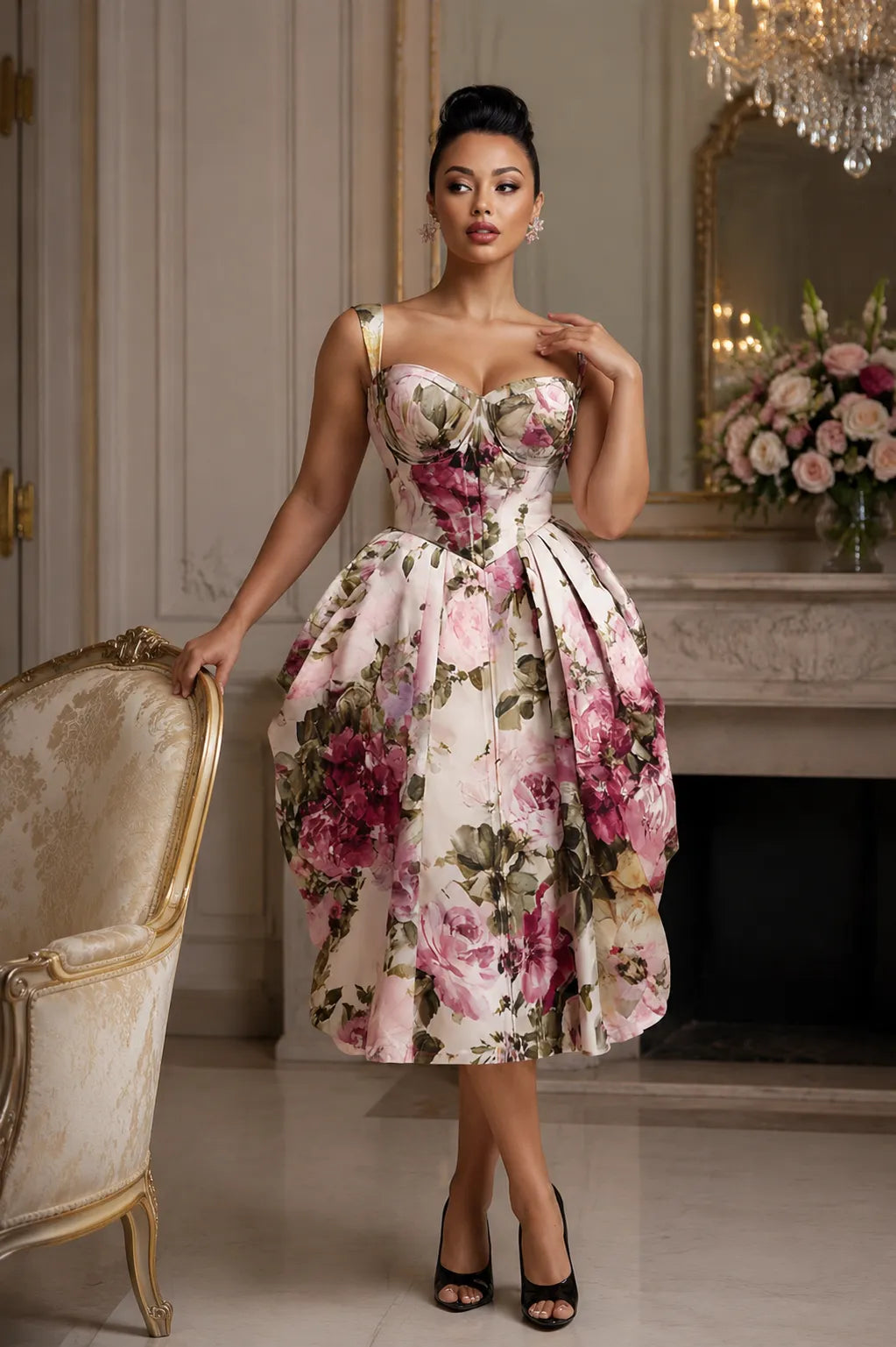 Cocktail Party Pink Floral Sweetheart Neck Pleated Pocket Satin Midi Dresses