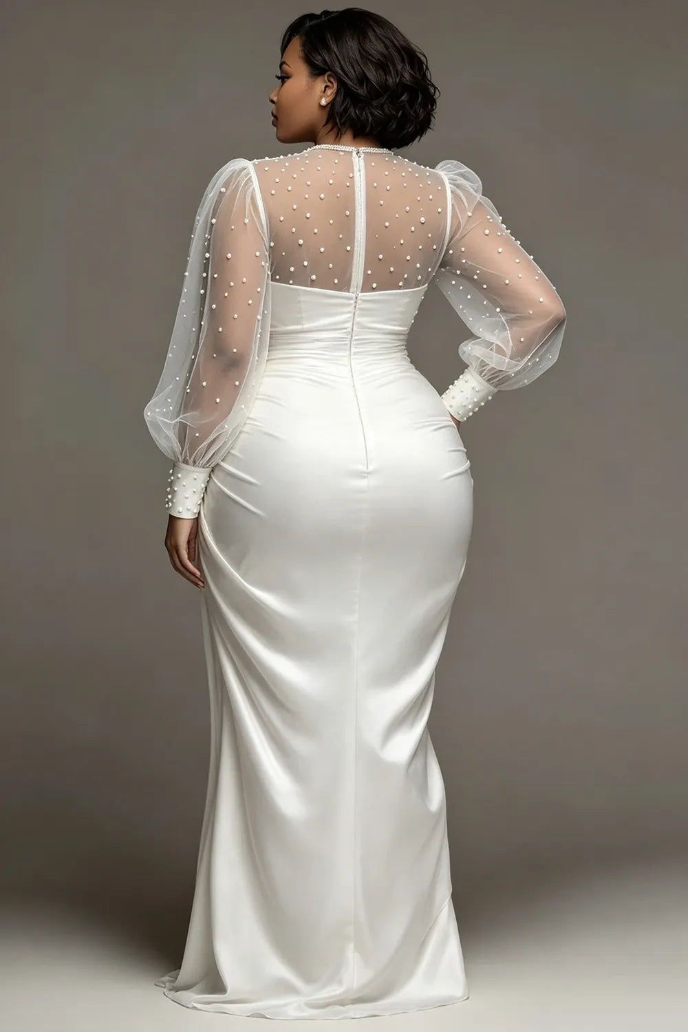 Wedding Tulle White Round Neck Puff Sleeve Long Sleeve See Through Pearls Satin Maxi Dresses