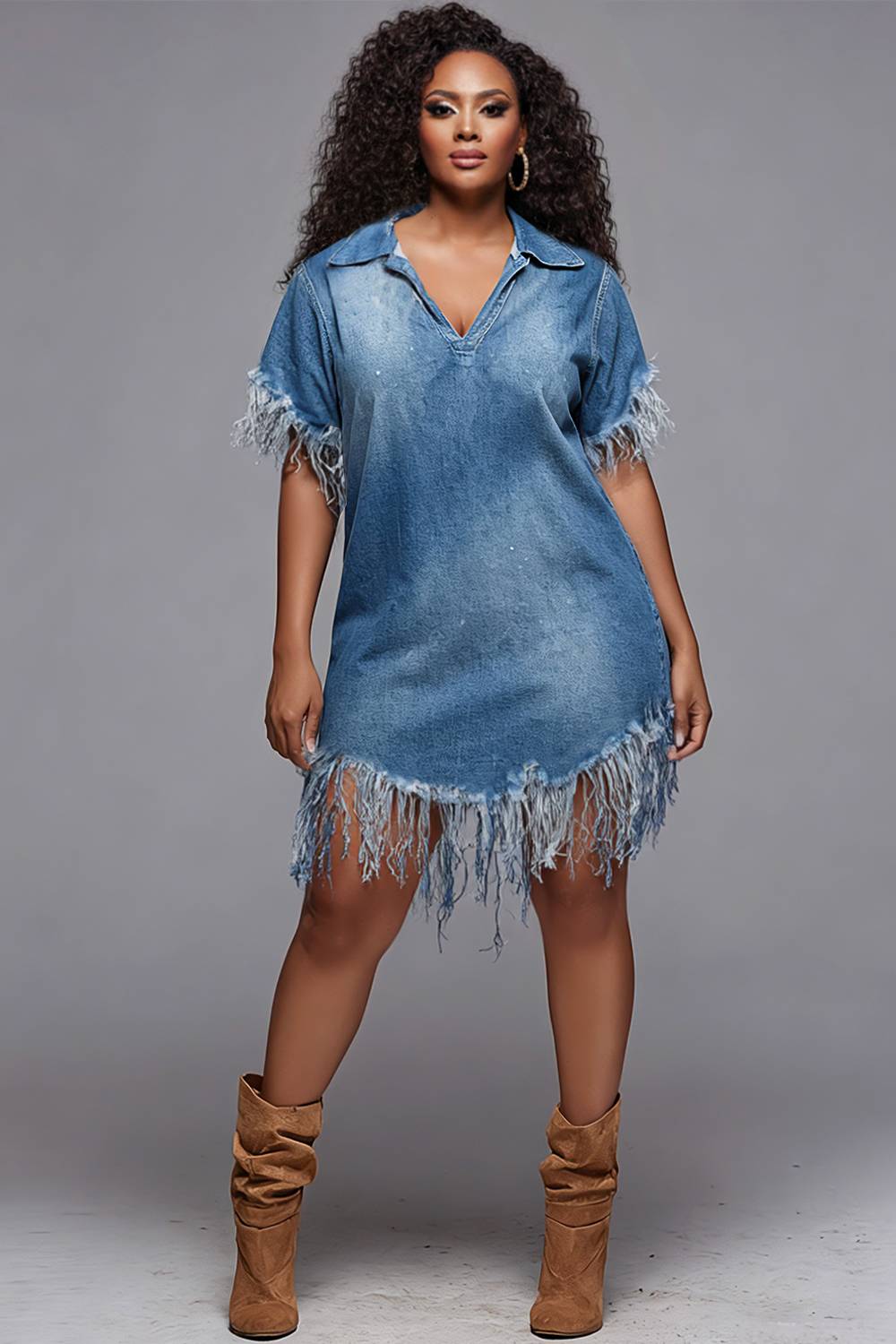 Xpluswear Design Plus Size Party Vintage Blue V Neck Short Sleeve Strappy Denim Mini Dresses