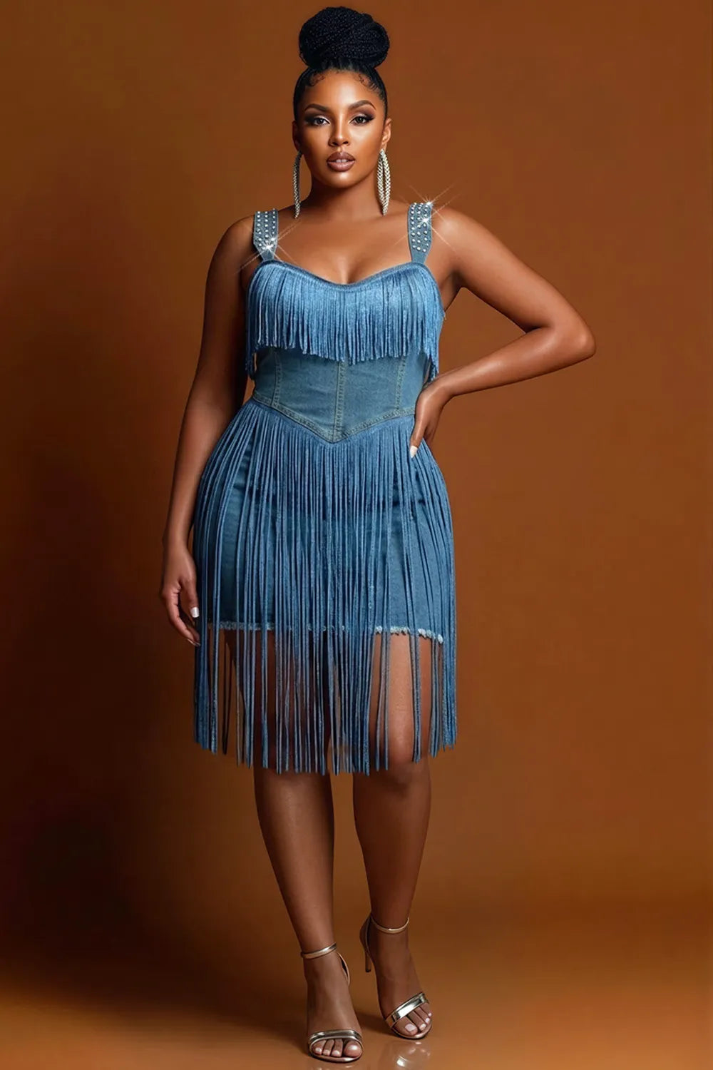 Xpluswear Design Plus Size Party Elegant Blue Square Neck Strappy Bodycon Denim Mini Dresses