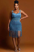 Xpluswear Design Plus Size Party Elegant Blue Square Neck Strappy Bodycon Denim Mini Dresses