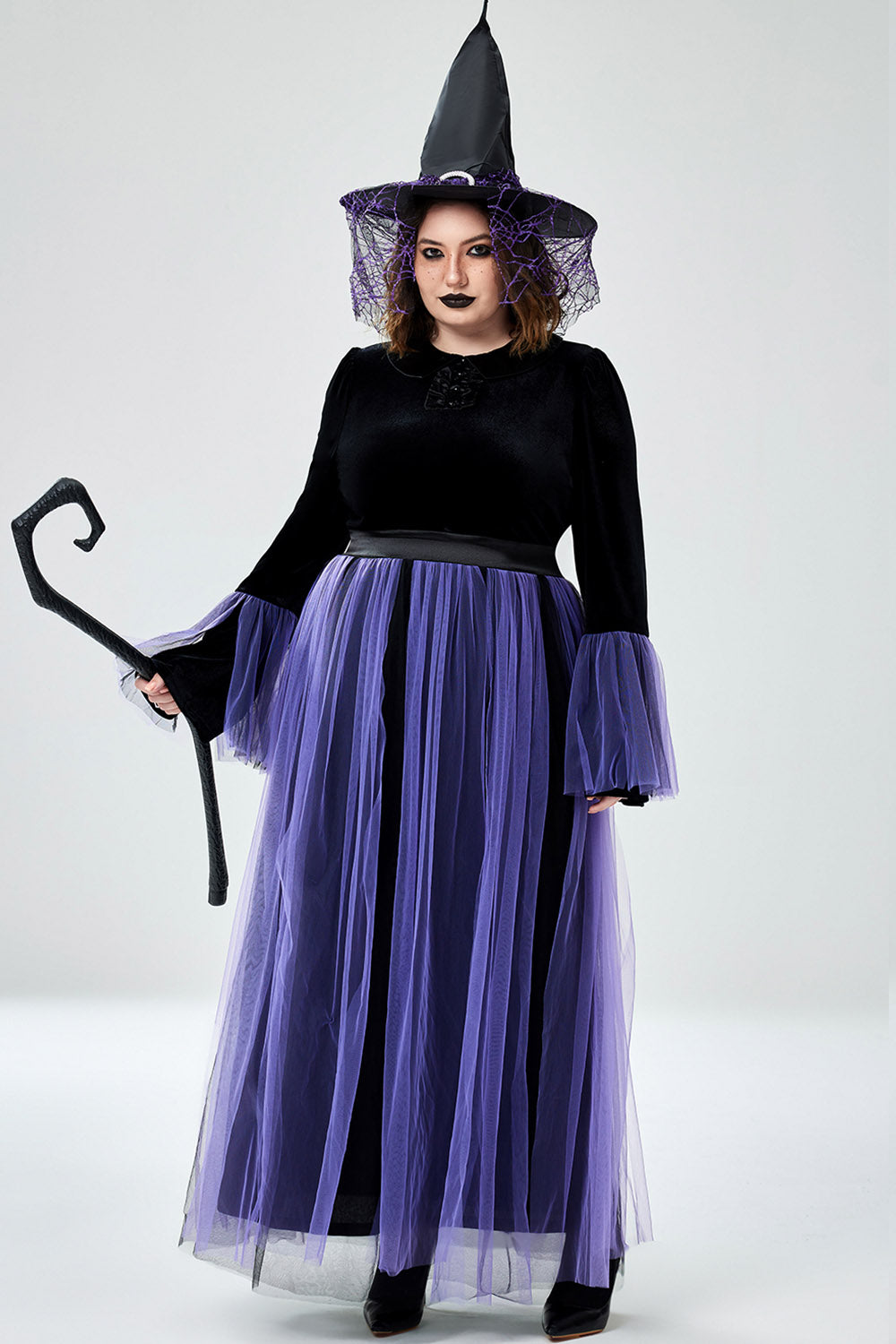 Halloween Costume Purple Cosplay Witches Overlay Mesh Maxi Dress (Without Hat And Cane)(Ships 24h)