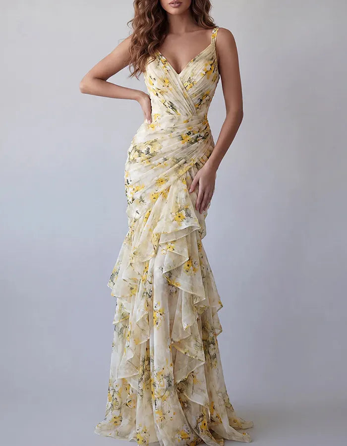 Yellow Floral V-Neck Chiffon Tiered Mermaid Maxi Dress