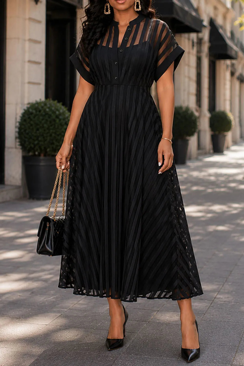 Business Casual Black Shirt Collar Short Sleeve See Through Button Midi Dresses
