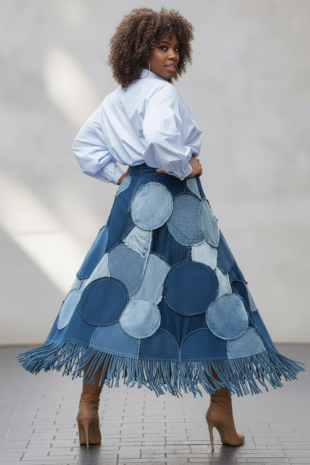 Xpluswear Design Plus Size Business Casual Blue Strappy Contrast Denim Skirts
