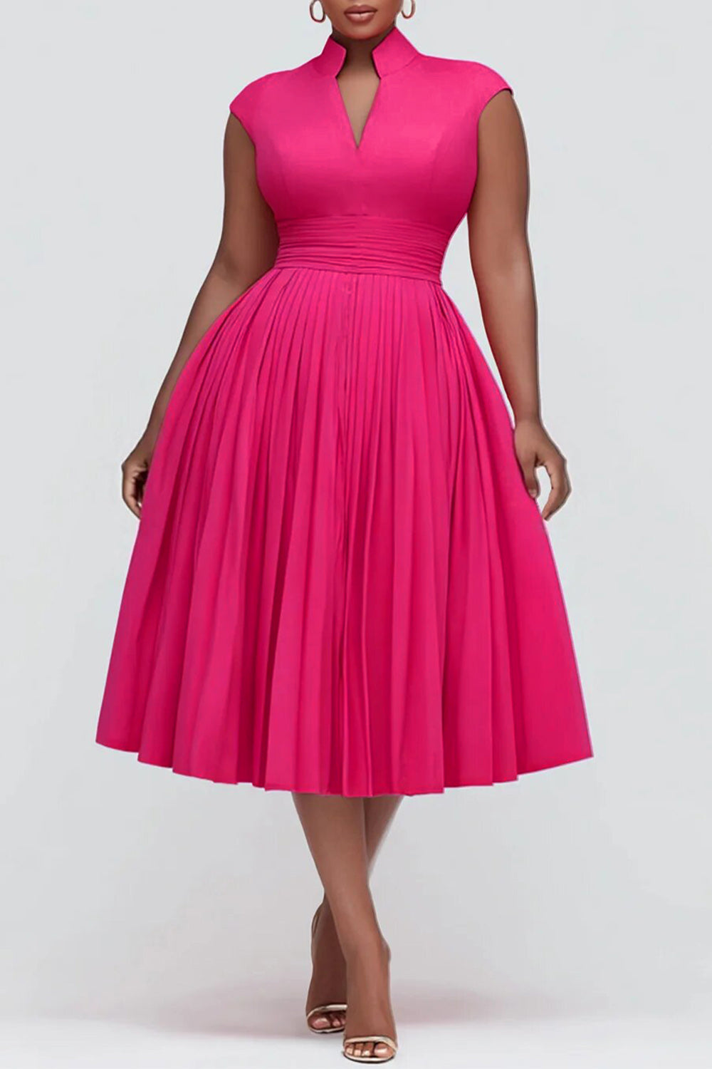 Cocktail Party Hot Pink Stand-Up Collar Cap Sleeve Pocket Fold Midi Dresses