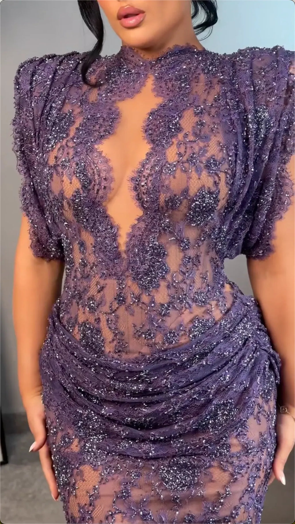 Dark Purple Beaded Lace Maxi Evening Gown, High Neck Sheer Mermaid Formal Dress