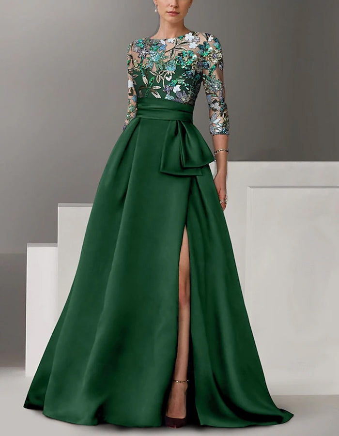 Round Neck Satin Sequined Sleeves Maxi Dress