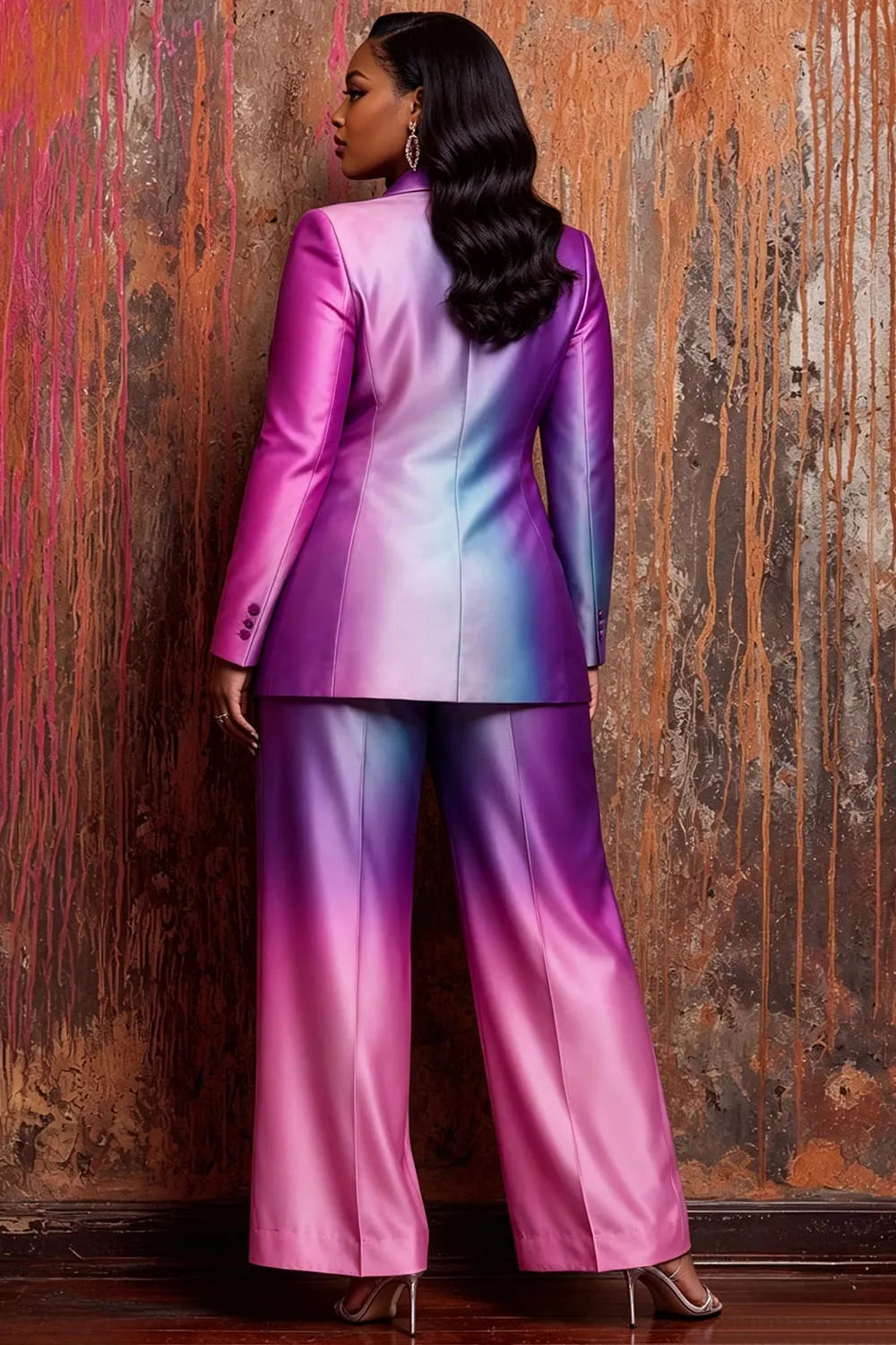 Multicolor Gradient Lapel Collar Long Sleeve Pocket Satin Two Piece Pant Suits