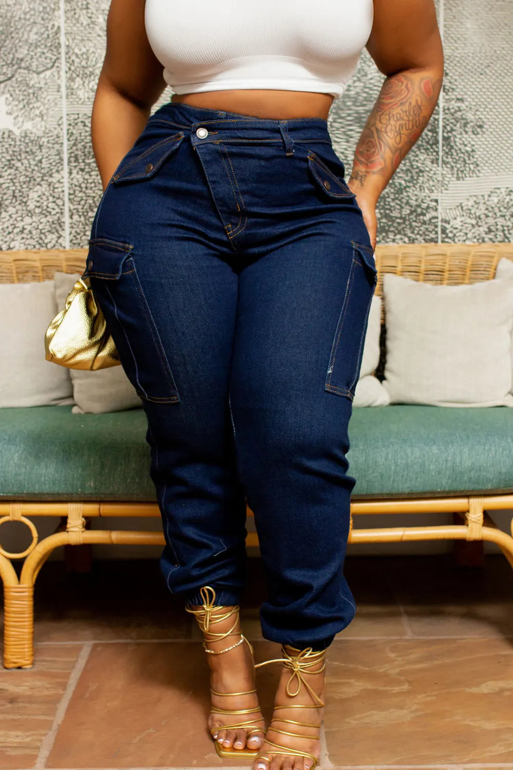 Blue Daily Denim Asymmetric Waist With Pocket Cargo Jeans