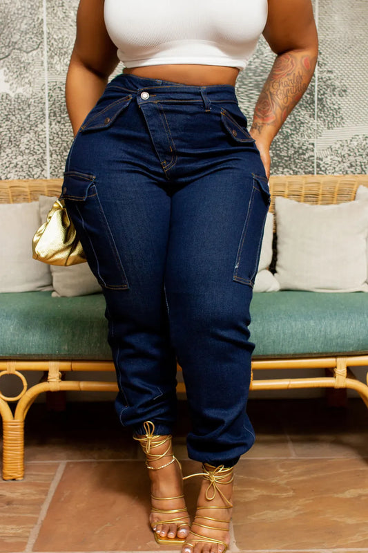 Blue Daily Denim Asymmetric Waist With Pocket Cargo Jeans