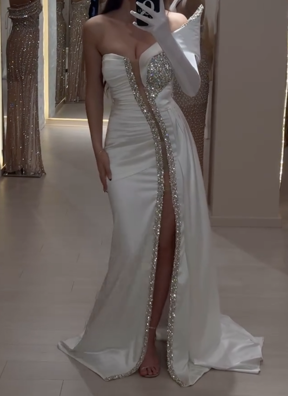 White Satin One-Shoulder Maxi Dress with Crystal Embellishments & High Thigh Slit