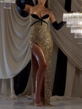Gold Halter Sequin Mermaid Maxi Evening Gown - High Slit Formal Dress with Black Bow Detail