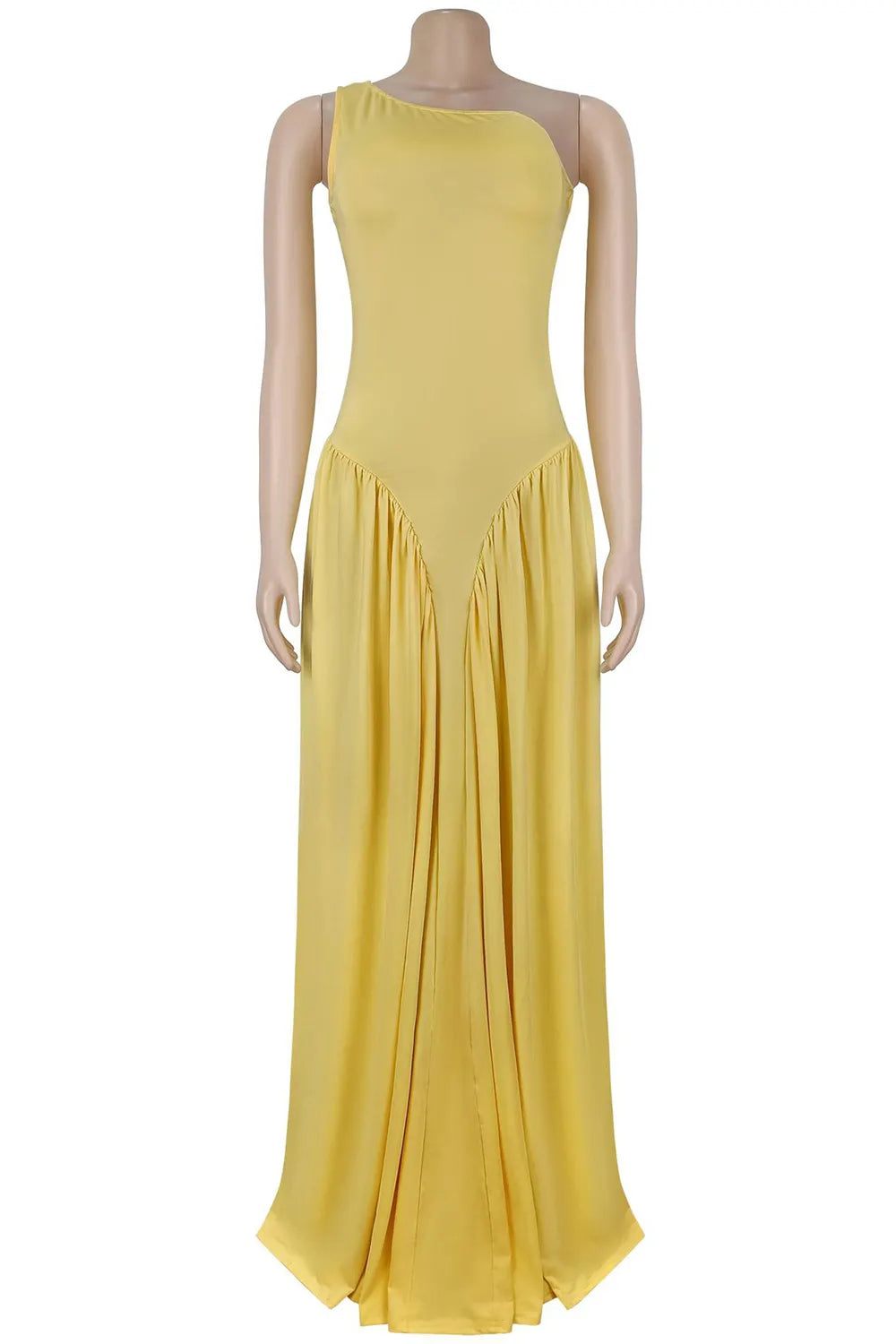 One Shoulder Cinch Waist Slim Fit Solid Color Maxi Dresses-Yellow