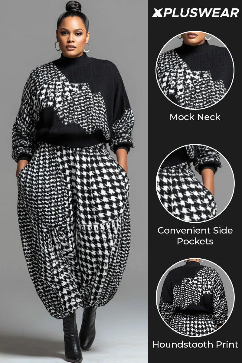 Business Casual Grey Houndstooth Mock Neck Long Sleeve Pocket Casual Jogging Two Piece Pant Sets