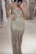 Champagne Beaded Sheath Maxi Dress with Crystal Spaghetti Straps & Leaf Embroidery