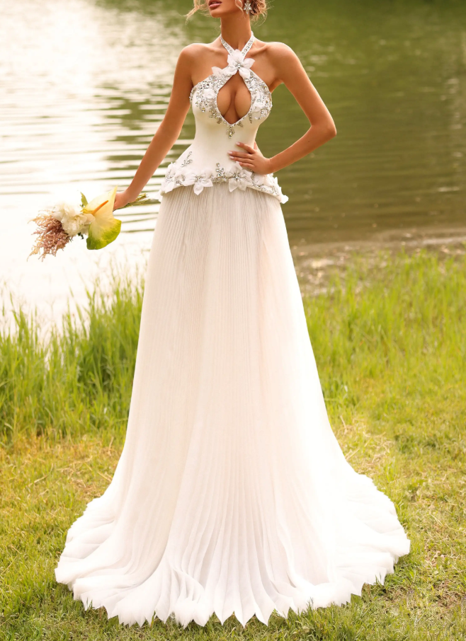 Glam White 3D Floral Halter Pleated Wedding Maxi Dress