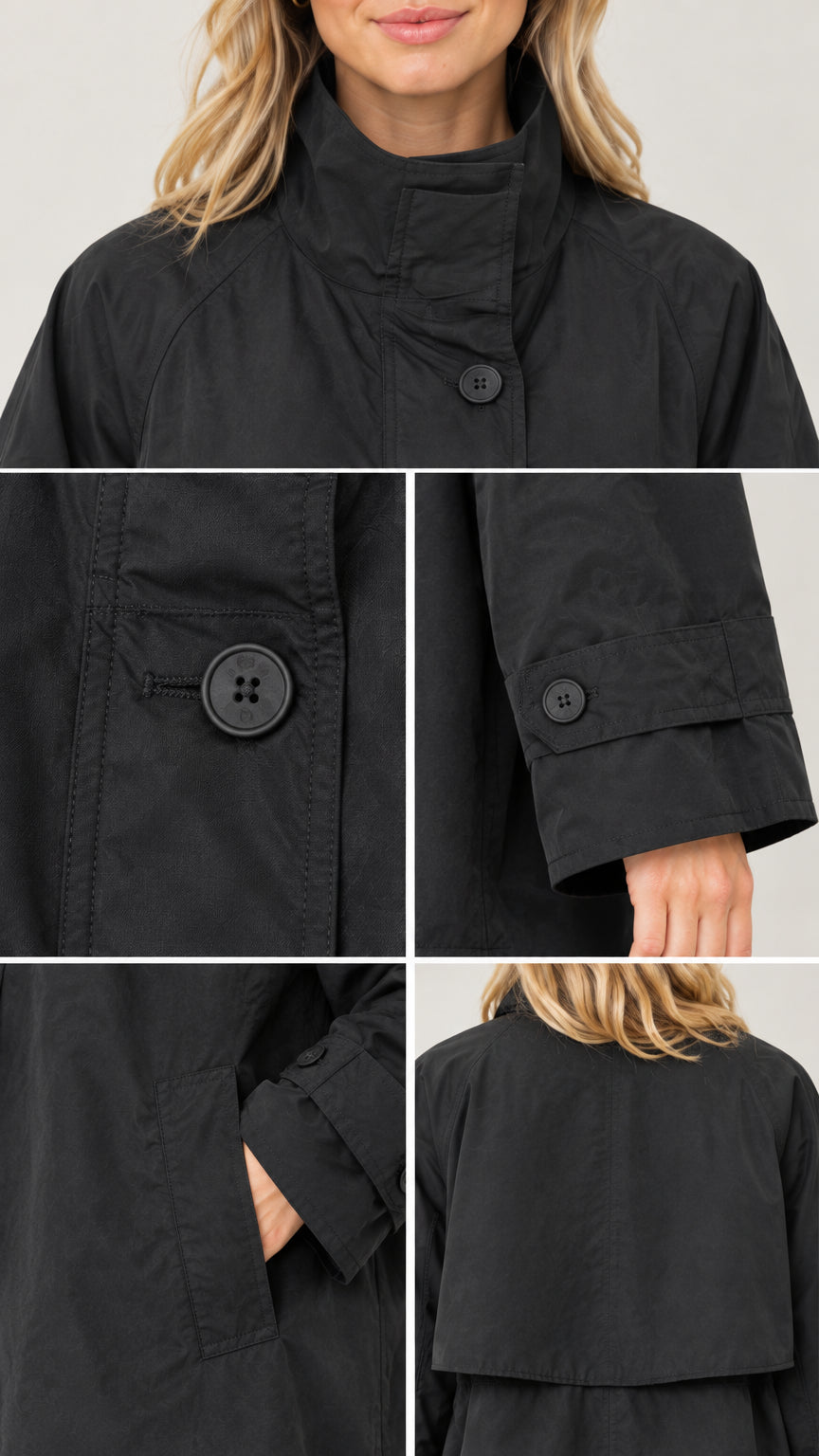 Women's Stand Collar A-Line Swing Trench Jacket with Back Flap