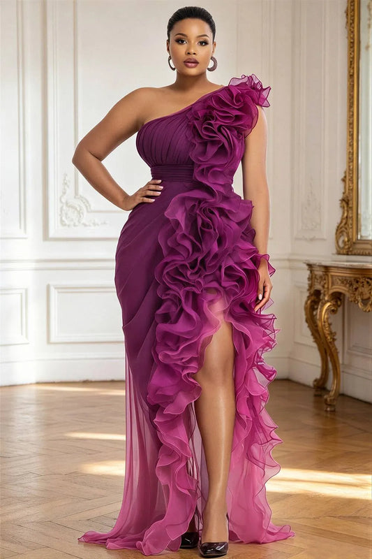 Cocktail Party Purple Gradient One Shoulder Ruffle Split Chiffon Maxi Dresses [Pre-Order]