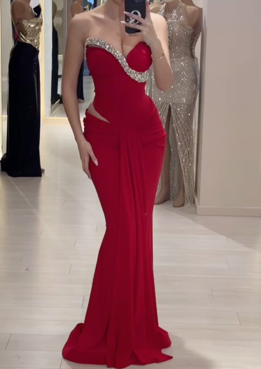 Red Strapless Crystal Trim Mermaid Maxi Dress with Side Cutout